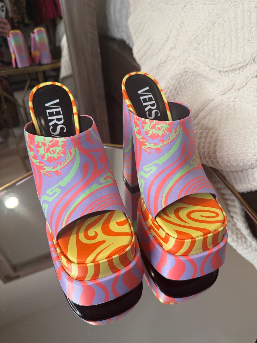 Versace “Medusa Music Printed Mules” multicolored platform sandals